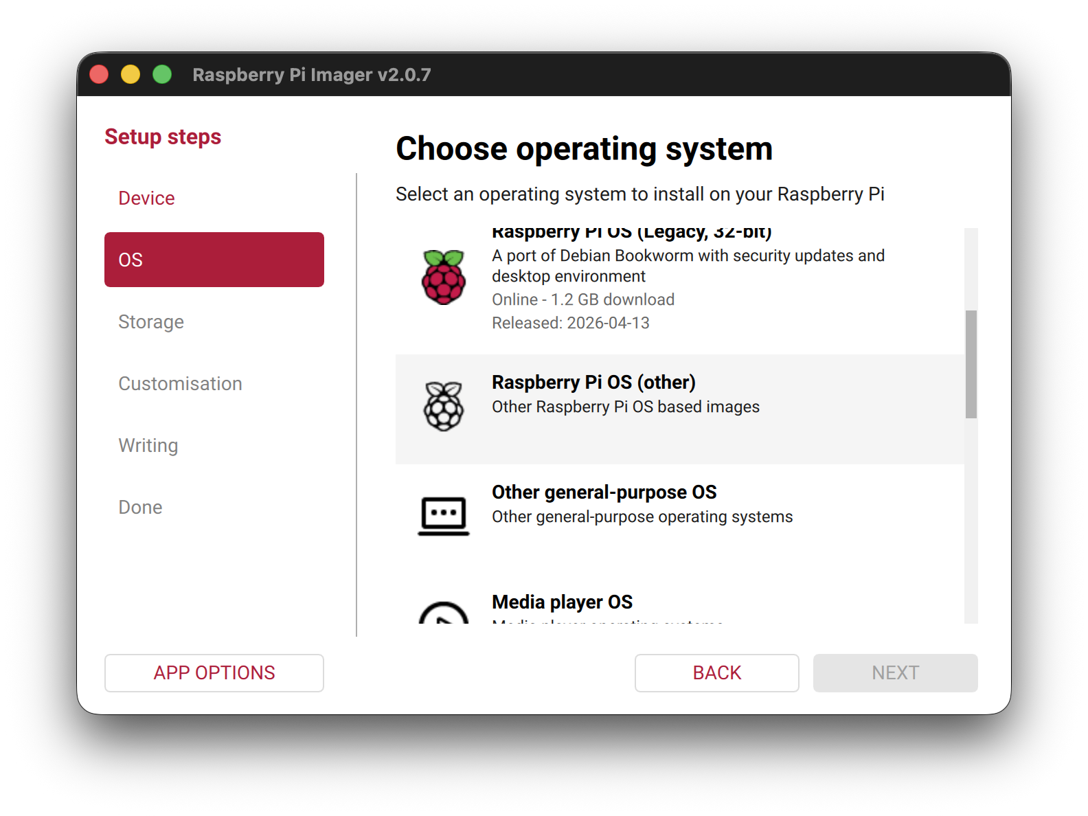 Selecting Raspberry Pi OS (other)