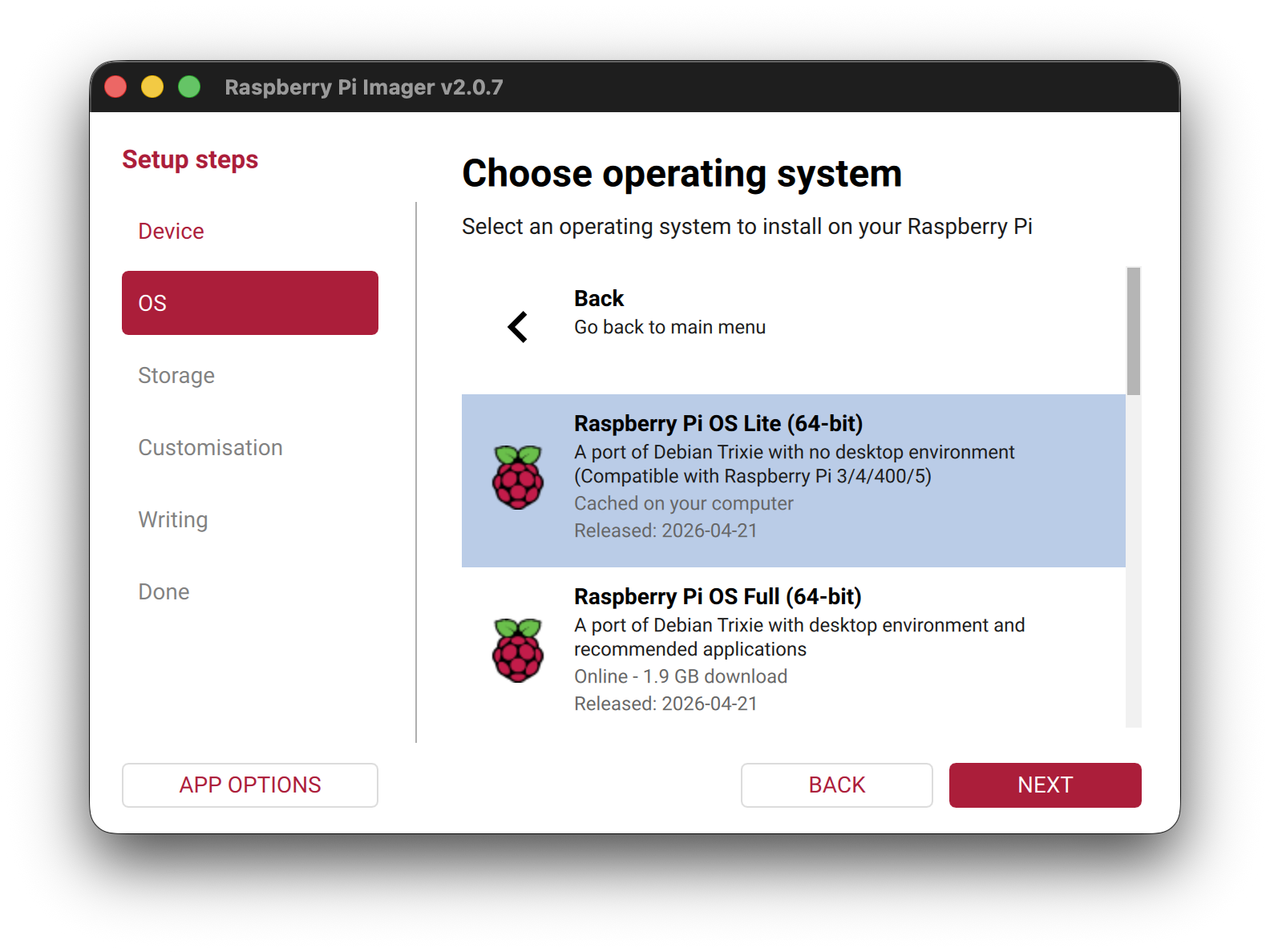 OS selection: Raspberry Pi OS Lite (64-bit)