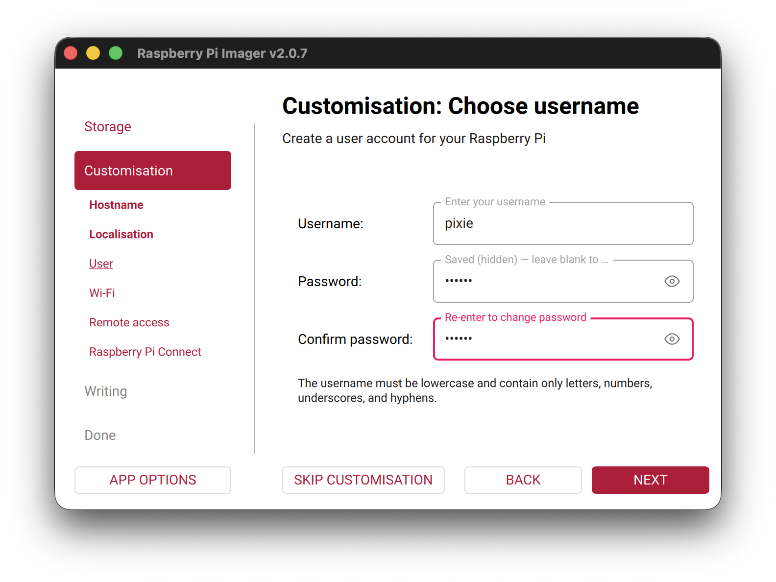 Setting the username and password