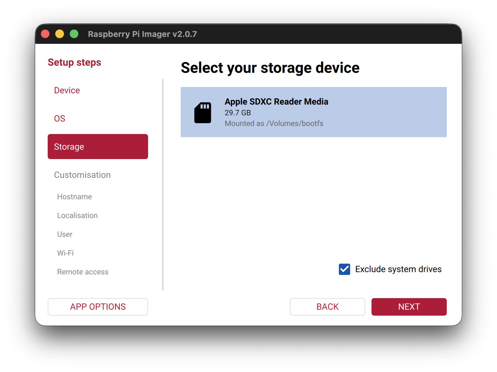 Selecting the SD card to write to