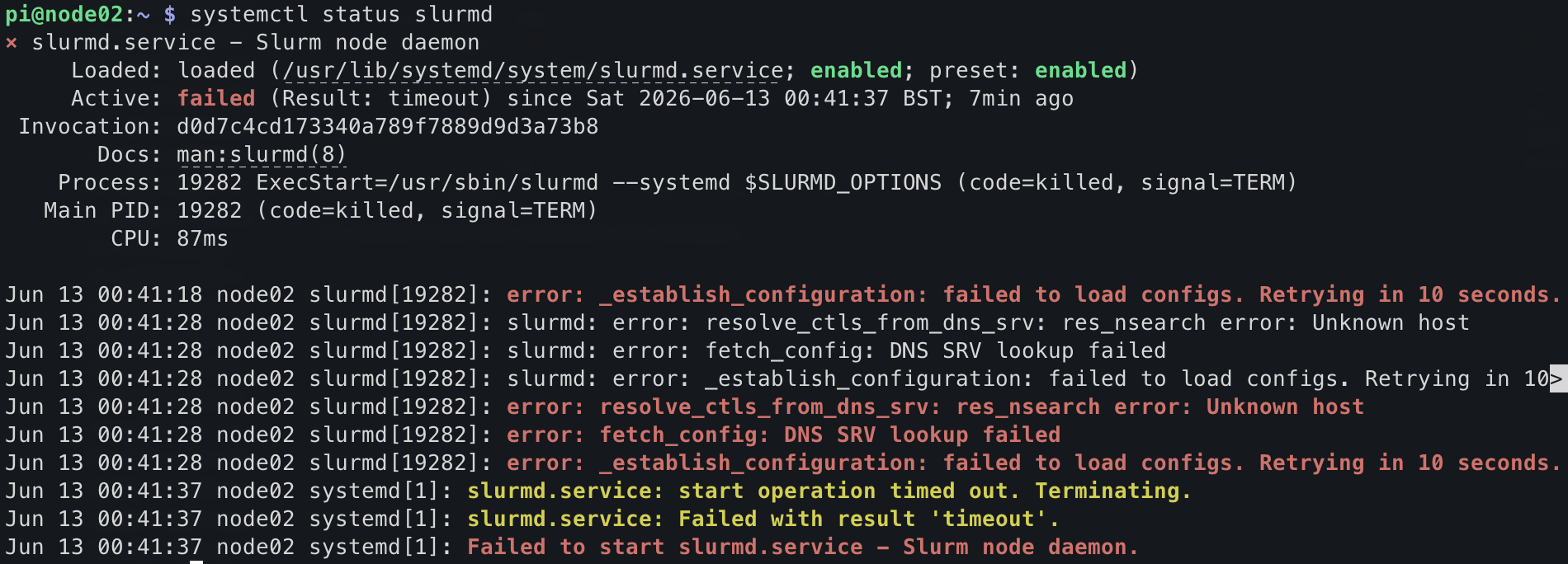 systemctl shows that Slurm is installed but not configured yet