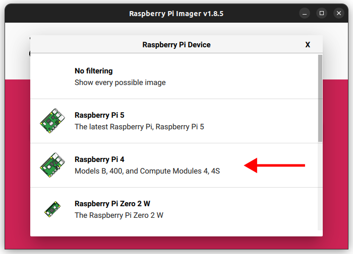 An image of the RPi Imager software screen for selecting an image to be written to the SD card