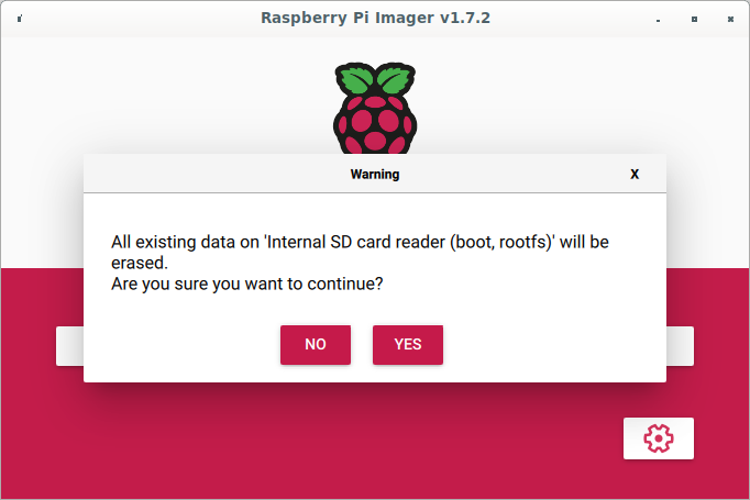 An image of the RPi Imager software screen for confirming to overwrite the SD card