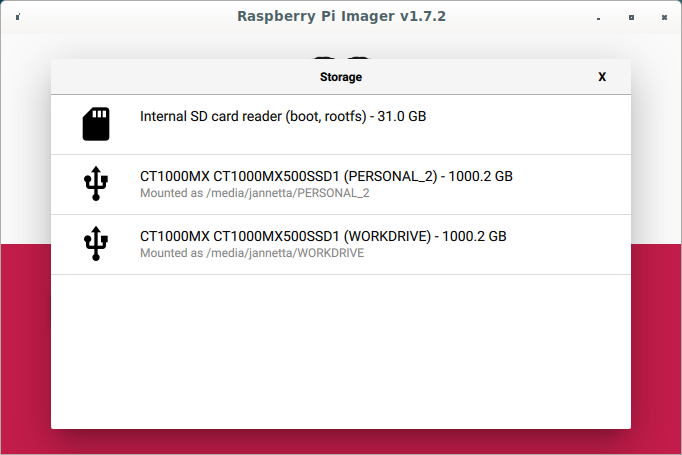 An image of the RPi Imager software screen for selecting the device to be written to